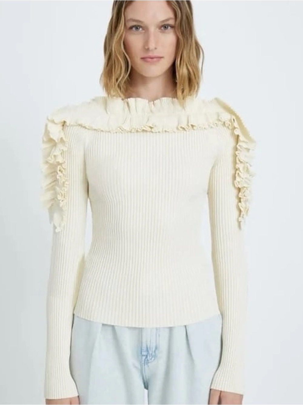 7 For All Mankind Antique Ruffle Long Sleeve Top Size Large EUC